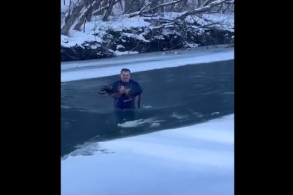 ‘Brave & selfless’: Man wades through freezing waters to rescue dog from drowning