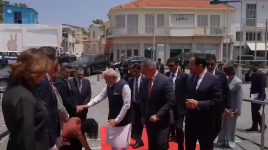 Watch: Cyprus lawmaker touches PM Modi’s feet during welcome ceremony in Nicosia