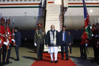 PM Narendra Modi receives warm welcome in Namibia, tries hand at playing drums